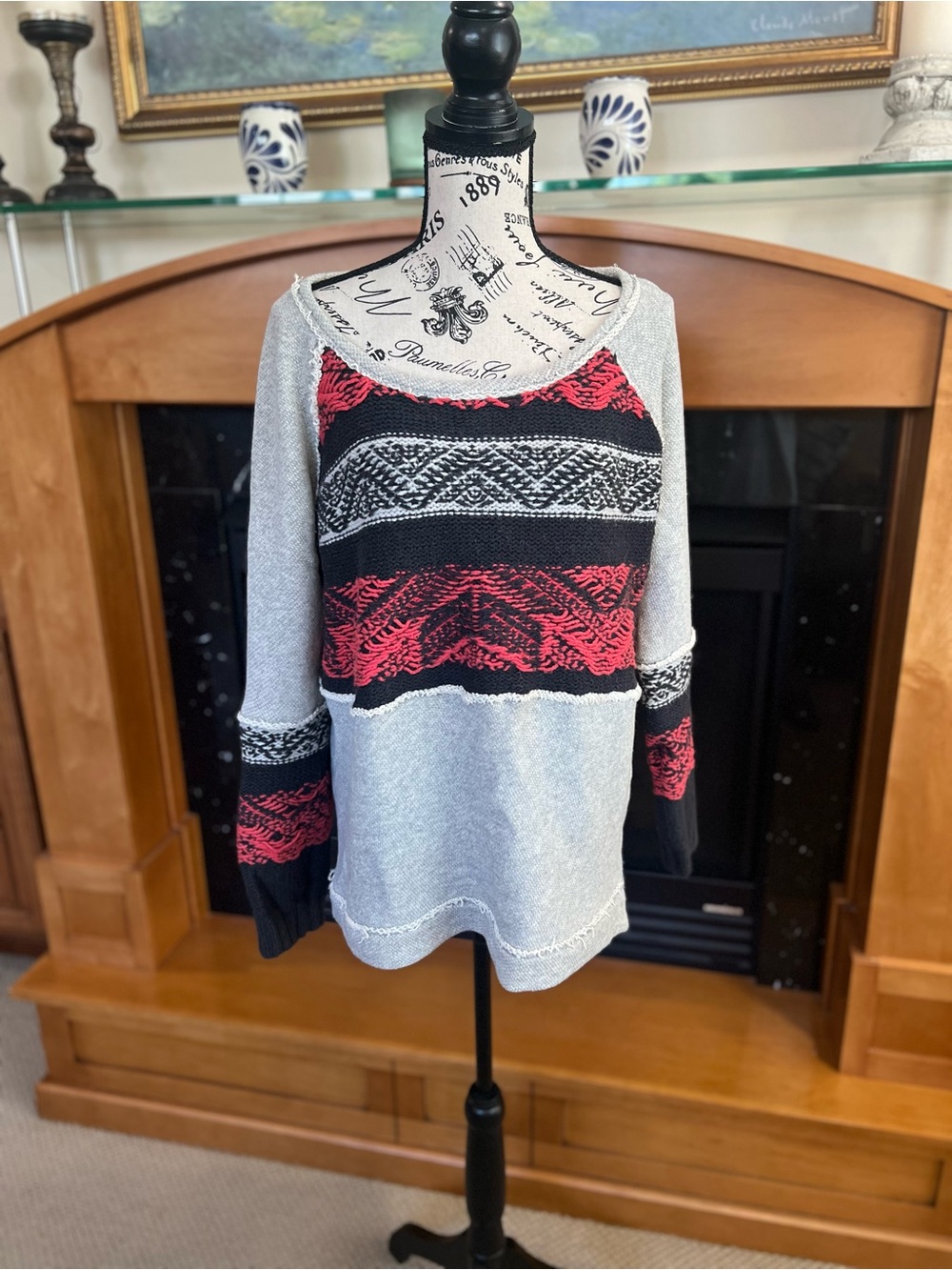Free Peoole Gray Sweater with Red & Black Pattern